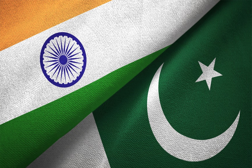 Pakistan and India two flags together textile cloth fabric texture malabarnews-indiapak
