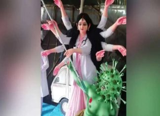 ഡോക്ടറുടെ വേഷത്തിൽ കോവിഡിനെ നിഗ്രഹിക്കുന്ന ദേവീശിൽപം; അഭിനന്ദിച്ച് ശശി തരൂര് Covid 19 themed Devi sculpture