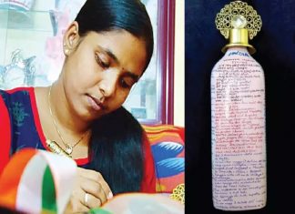 ദേശീയഗാനം ചില്ലുകുപ്പിയില്; റെക്കോഡുകളില് സ്ഥാനം പിടിച്ച് ഐശ്വര്യ Aiswarya_Bottle art_Malabr news