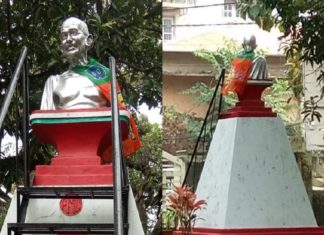 പാലക്കാട് നഗരസഭയിലെ മഹാത്മാ ഗാന്ധി പ്രതിമയില് ബിജെപി കൊടി; പ്രതിഷേധവുമായി കോണ്ഗ്രസ് bjp flag on Gandhi Statue