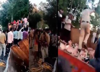 ബിയർ ലോറി മറിഞ്ഞു; മദ്യം കടത്താൻ ഇരച്ചെത്തി നാട്ടുകാർ; ലാത്തി വീശി പോലീസ്