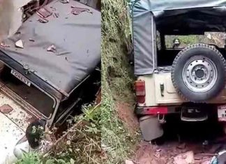 A jeep driven by Forest Department employees overturned on top of a house; 6 people were injured