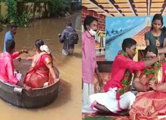 ചെമ്പ് തുഴഞ്ഞെത്തി വധൂവരൻമാർ; മുഹൂർത്തം തെറ്റാതെ താലികെട്ട് bride-groom-kuttanad