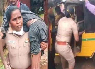 കനത്ത മഴയ്ക്കിടെ യുവാവ് അബോധാവസ്ഥയിൽ; തോളിലേറ്റി വനിതാ ഇന്സ്പെക്ടര് woman-police-inspector-carries-unconscious-man