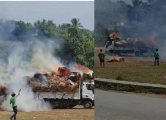 Kozhikode: A lorry carrying straw caught fire