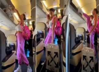 ‘സൂപ്പർ മമ്മി’; ഒരു കയ്യിൽ കുഞ്ഞും മറുകയ്യിൽ ലഗേജും, കാലുകൊണ്ട് കാബിൻ അടച്ച് യുവതി viral video woman with baby in hand closes planes overhead cabin with foot