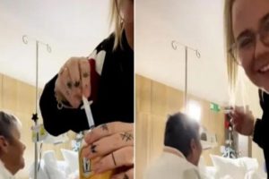 daughter gives dad a final sip of his favourite drink