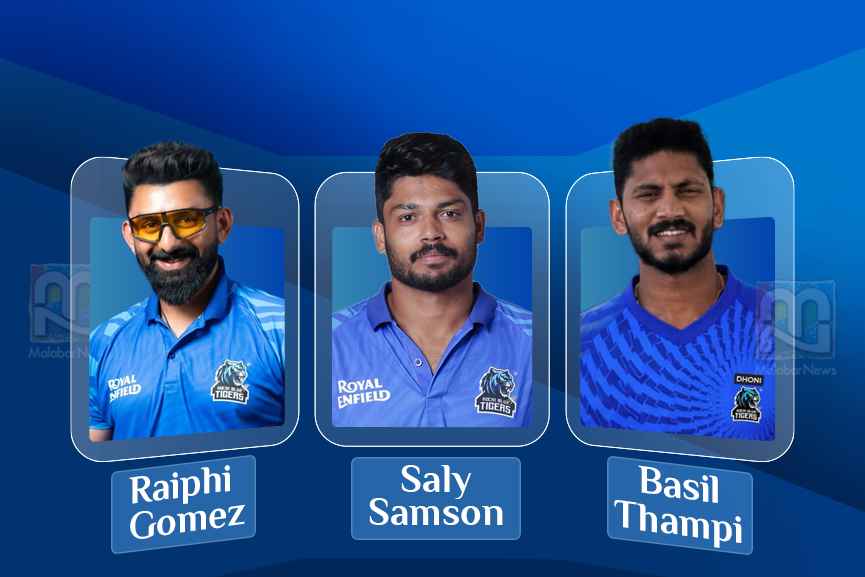 Head Coach Raiphi Gomez, Captain Saly Samson, and Vice-Captain Basil Thampi of the Kochi Blue Tigers