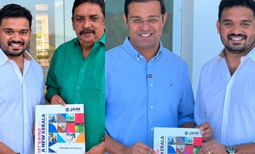Titile: Tom Joseph presents the Professor of Practice invitation letters to Roji M. John and Shibu Baby John